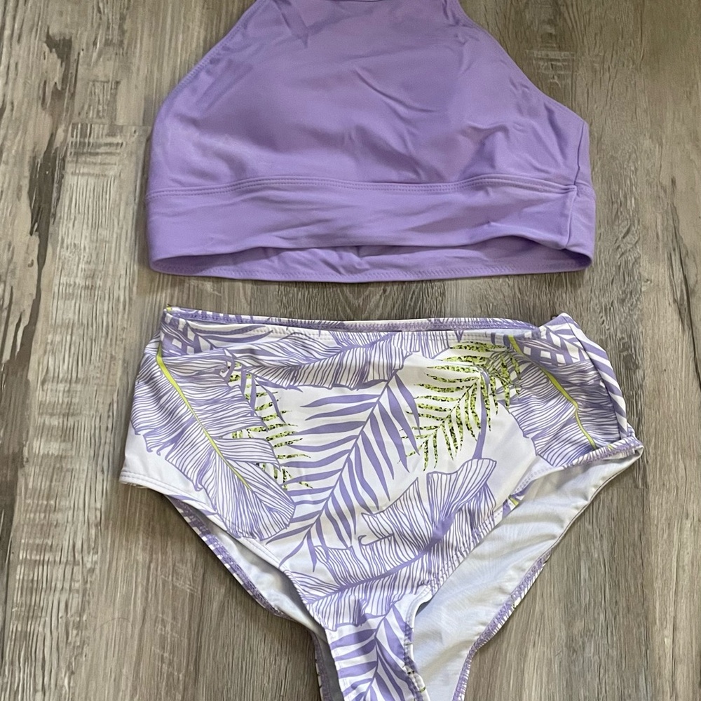 Lavender Bikini Set with Leaf Print